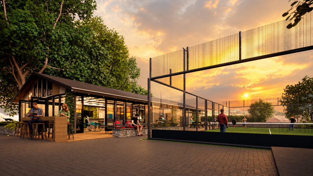 Virgin Active Padel Club Lourensford clubhouse and courts at sunset in Somerset West